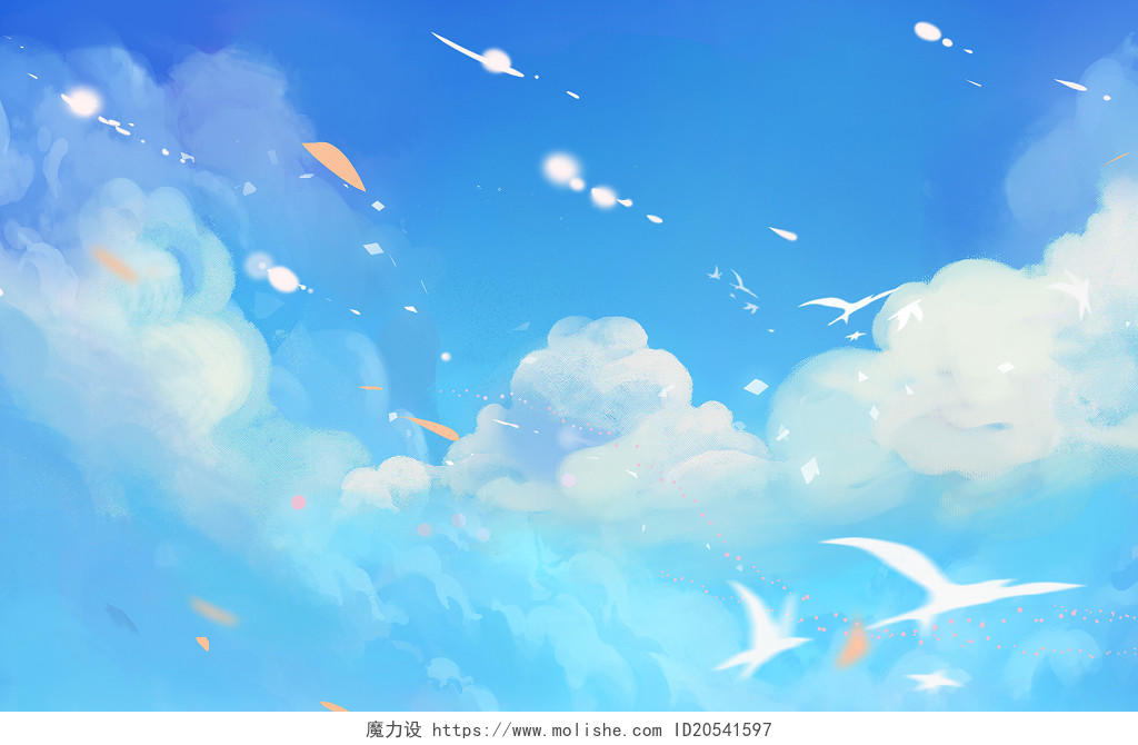 创意天空蓝天白云晴朗天气唯美意境海鸥手绘插画海报